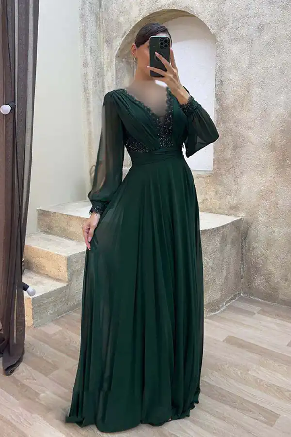 مدل پیراهن سبز بلند مجلسی