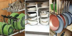 مدل چیدمان قابلمه عروس شیک و مرتب در کابینت های آشپزخانه