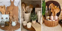ایده های جذاب چیدمان کفگیر ملاقه چوبی روی کابینت آشپزخانه