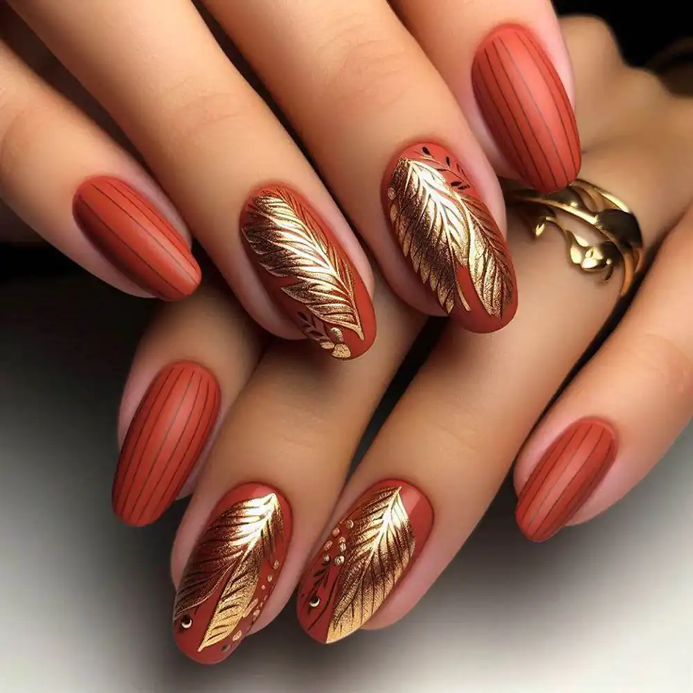 طراحی برگ پاییزی روی ناخن