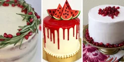 کیک شب یلدا ساده و شیک ایده های تزیین با دانه انار و شاخه سبز
