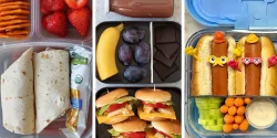 تزیین غذا برای مدرسه در ظرف غذا با ماکارونی و تخم مرغ و میوه ها