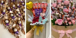 تزیین شکلات با روبان و تور به شکل دسته گل برای هدیه ای خاص