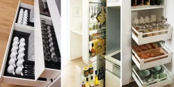چیدمان داخل کابینت آشپزخانه و کشوها برای نظم دهی بهتر به مطبخ خانه