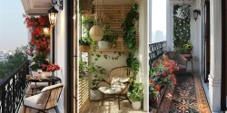 چیدمان تراس باریک با چمن مصنوعی و اکسسوری های زیبا و خاص