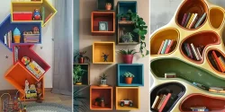 مدل کتابخانه شیک و مدرن با رنگ های شاده و جذاب برای منازل به روز و مدرن