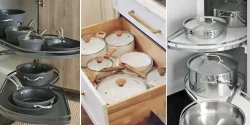 چیدن قابلمه در آشپزخانه شیک و مرتب برای بانوان خوش سلیقه